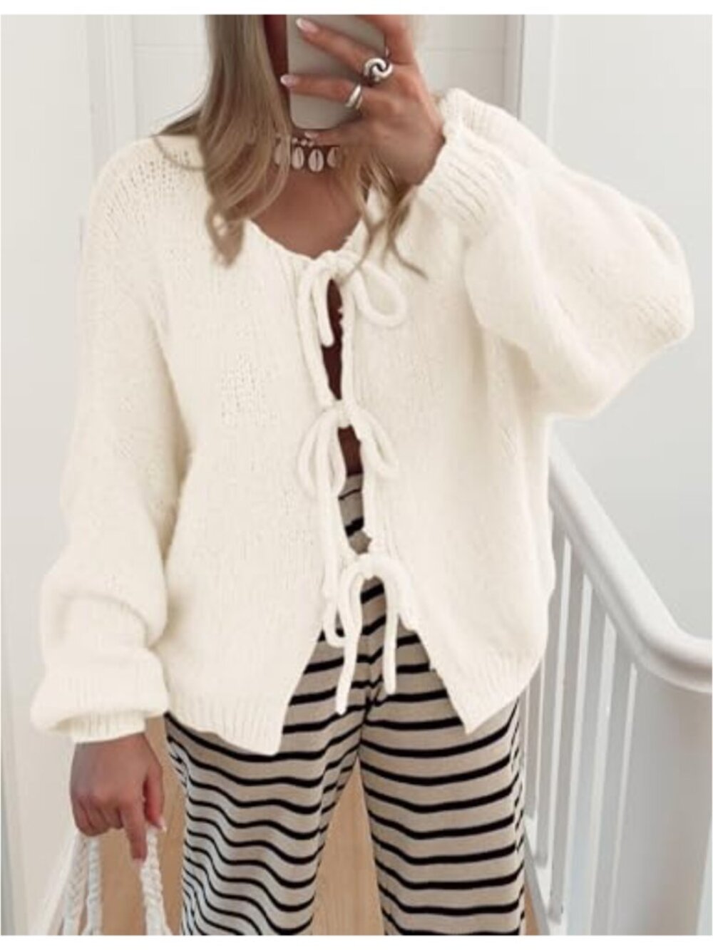 Tie Front Bow Cardigan Cable Knit Puff Sleeve Sweater - Picture 4 of 6